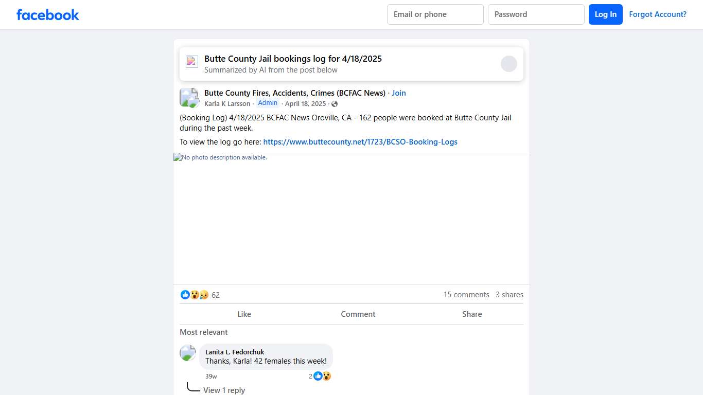 Butte County Fires, Accidents, Crimes (BCFAC News) | (Booking Log) 4/18/2025 BCFAC News Oroville, CA - 162 people were booked at Butte County Jail during the past week | Facebook